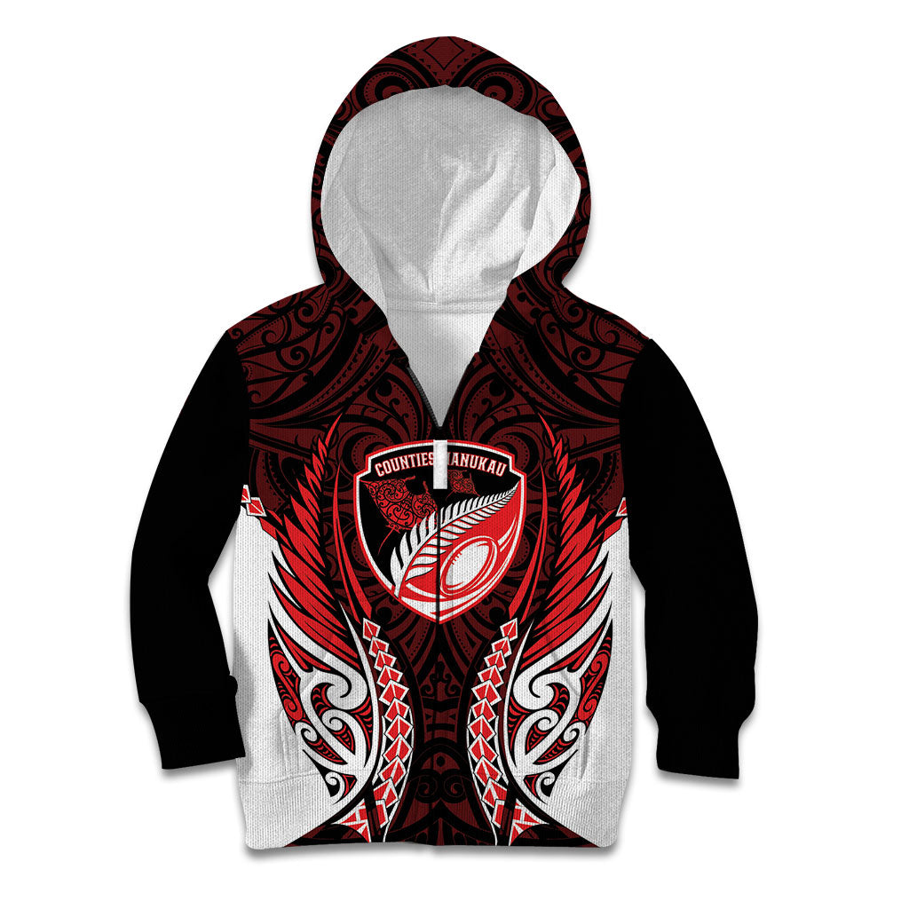 Counties Manukau 2026 Rugby Custom Kid Hoodie NZ Maori Silver Fern LT14 Zip Hoodie Red - Polynesian Pride