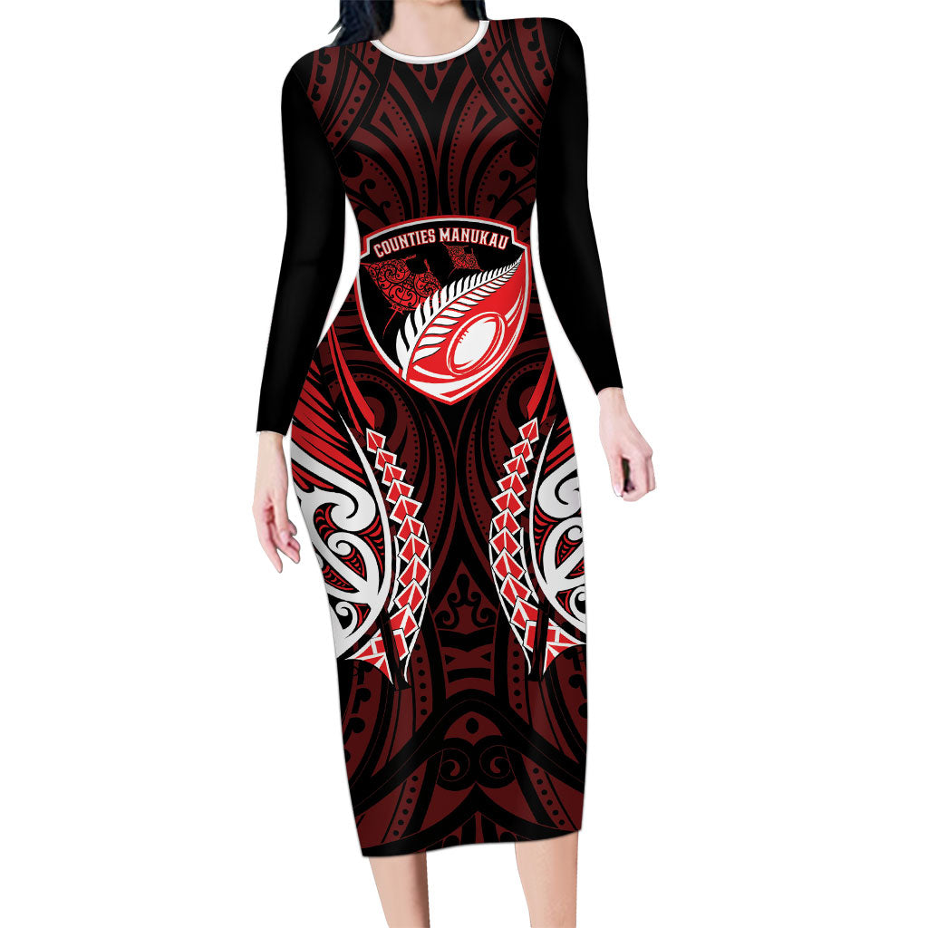 Counties Manukau 2026 Rugby Custom Long Sleeve Bodycon Dress NZ Maori Silver Fern