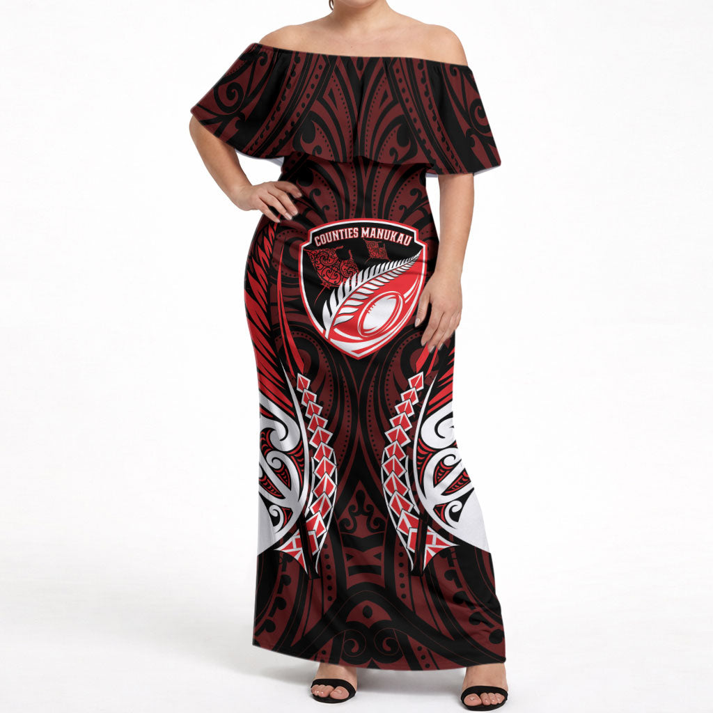 Counties Manukau 2026 Rugby Custom Off Shoulder Maxi Dress NZ Maori Silver Fern LT14 Women Red - Polynesian Pride