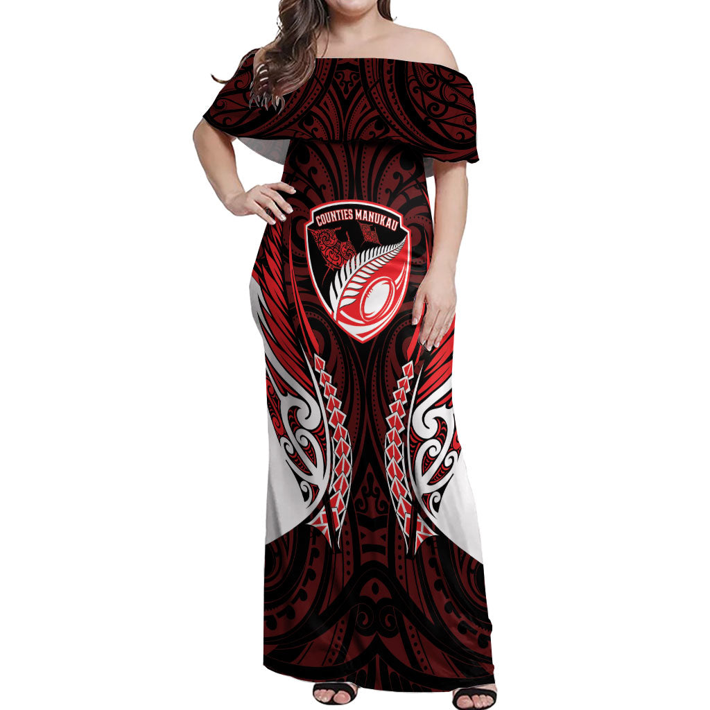 Counties Manukau 2026 Rugby Custom Off Shoulder Maxi Dress NZ Maori Silver Fern LT14 Women Red - Polynesian Pride