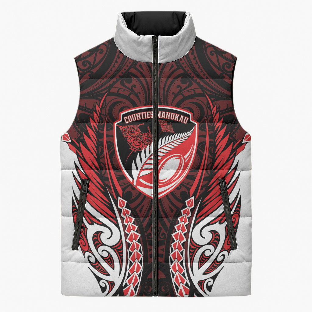 Counties Manukau 2026 Rugby Custom Sleeveless Puffer Jacket NZ Maori Silver Fern LT14 Unisex Red - Polynesian Pride