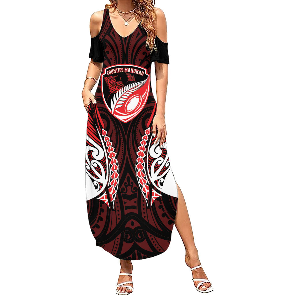Counties Manukau 2026 Rugby Custom Summer Maxi Dress NZ Maori Silver Fern LT14 Women Red - Polynesian Pride
