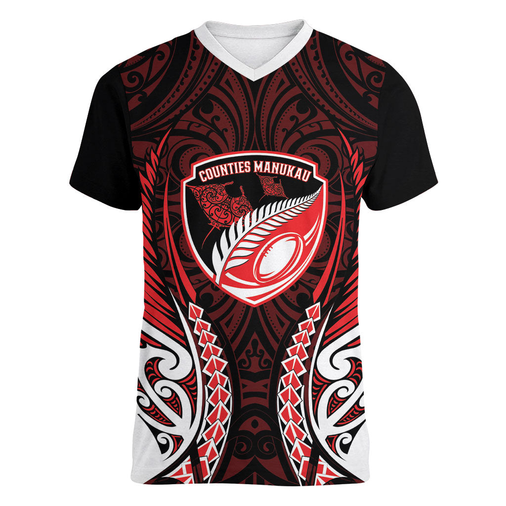Counties Manukau 2026 Rugby Custom Women V-Neck T-Shirt NZ Maori Silver Fern LT14 Female Red - Polynesian Pride