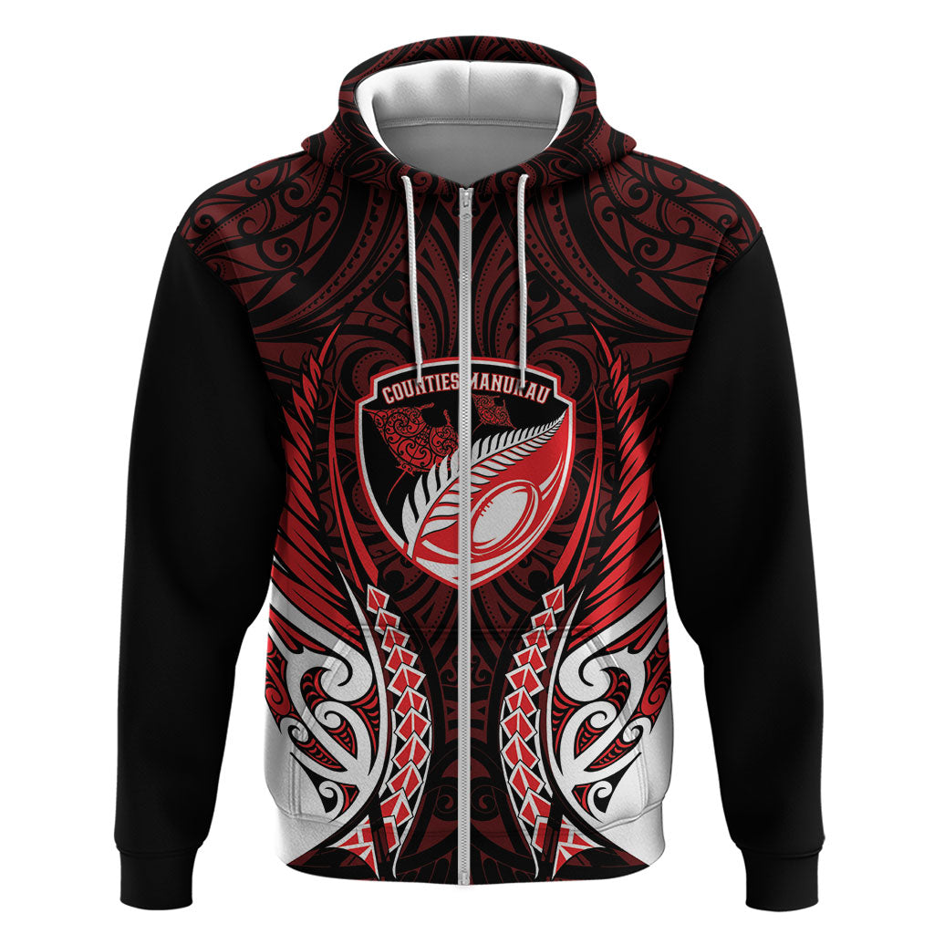 Counties Manukau 2026 Rugby Custom Zip Hoodie NZ Maori Silver Fern LT14 Zip Hoodie Red - Polynesian Pride