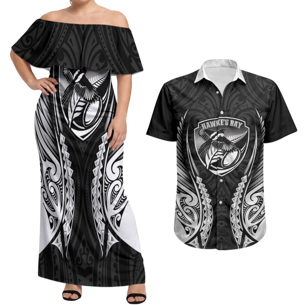 Hawke's Bay 2026 Rugby Custom Couples Matching Off Shoulder Maxi Dress and Hawaiian Shirt NZ Maori Silver Fern LT14 Black - Polynesian Pride