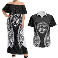 Hawke's Bay 2026 Rugby Custom Couples Matching Off Shoulder Maxi Dress and Hawaiian Shirt NZ Maori Silver Fern LT14 Black - Polynesian Pride