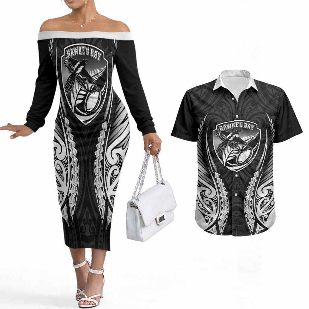 Hawke's Bay 2026 Rugby Custom Couples Matching Off The Shoulder Long Sleeve Dress and Hawaiian Shirt NZ Maori Silver Fern LT14 Black - Polynesian Pride