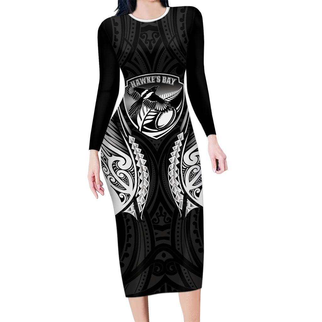 Hawke's Bay 2026 Rugby Custom Long Sleeve Bodycon Dress NZ Maori Silver Fern LT14 Long Dress Black - Polynesian Pride