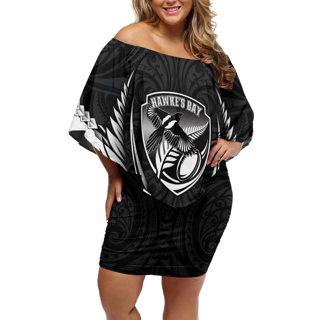 Hawke's Bay 2026 Rugby Custom Off Shoulder Short Dress NZ Maori Silver Fern LT14 Women Black - Polynesian Pride