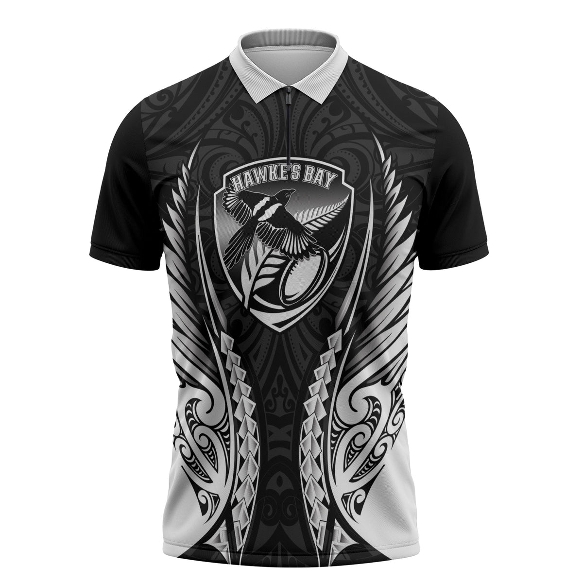 Hawke's Bay 2026 Rugby Custom Zipper Polo Shirt NZ Maori Silver Fern LT14 Black - Polynesian Pride
