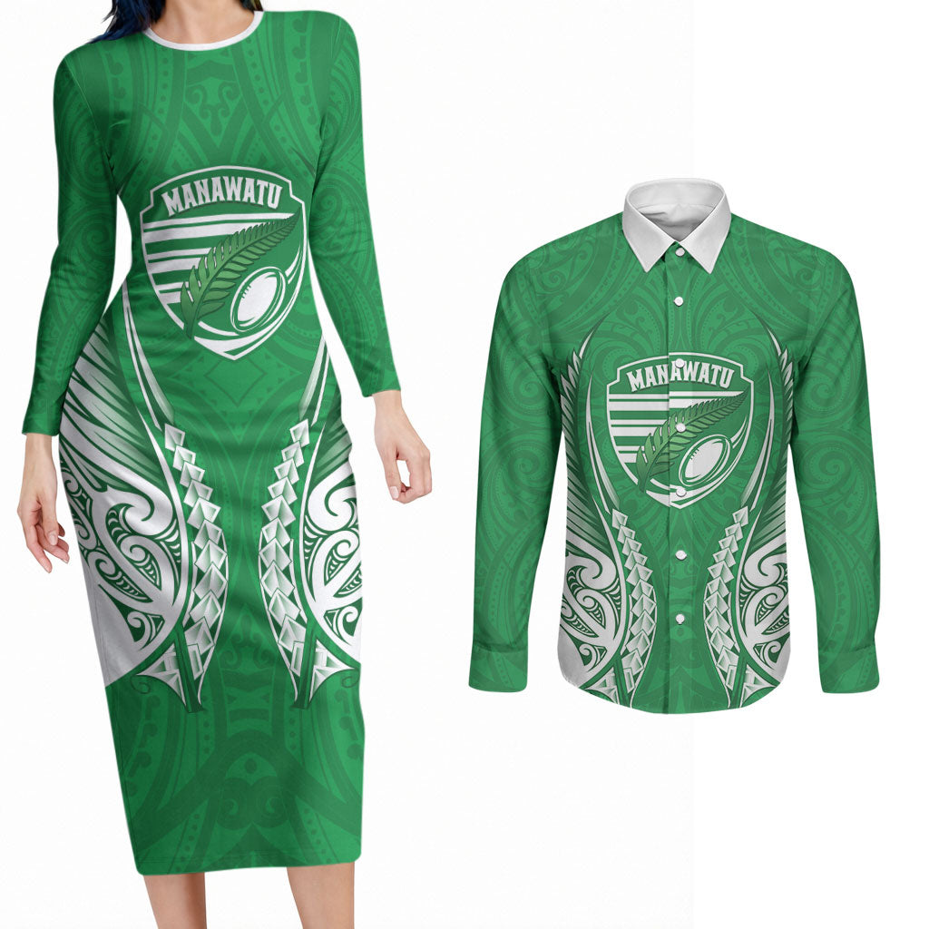 Manawatu 2026 Rugby Custom Couples Matching Long Sleeve Bodycon Dress and Long Sleeve Button Shirt NZ Maori Silver Fern LT14 Green - Polynesian Pride