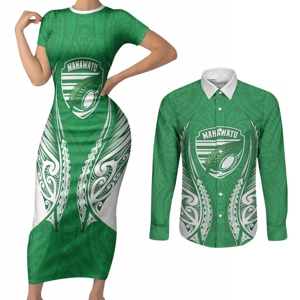 Manawatu 2026 Rugby Custom Couples Matching Short Sleeve Bodycon Dress and Long Sleeve Button Shirt NZ Maori Silver Fern LT14 Green - Polynesian Pride