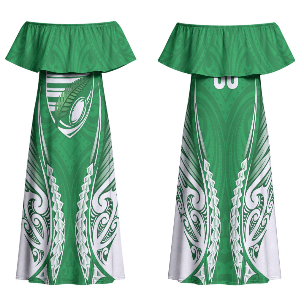 Manawatu 2026 Rugby Custom Family Matching Off Shoulder Maxi Dress and Hawaiian Shirt NZ Maori Silver Fern LT14 Mom's Dress Green - Polynesian Pride