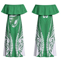 Manawatu 2026 Rugby Custom Family Matching Off Shoulder Maxi Dress and Hawaiian Shirt NZ Maori Silver Fern LT14 Mom's Dress Green - Polynesian Pride