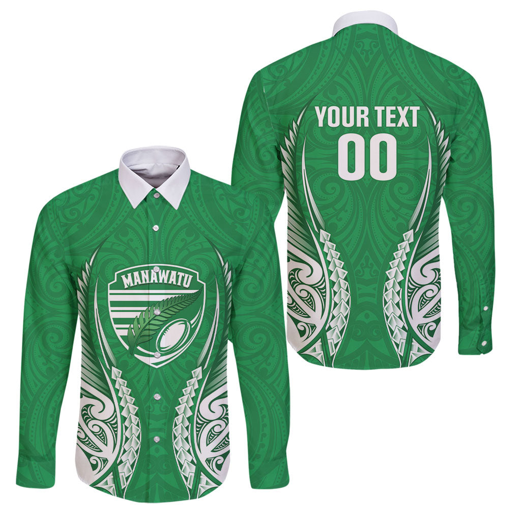 Manawatu 2026 Rugby Custom Family Matching Off Shoulder Maxi Dress and Hawaiian Shirt NZ Maori Silver Fern LT14 Dad's Shirt - Long Sleeve Green - Polynesian Pride