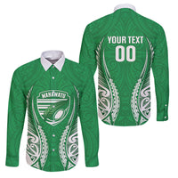 Manawatu 2026 Rugby Custom Family Matching Off Shoulder Maxi Dress and Hawaiian Shirt NZ Maori Silver Fern LT14 Dad's Shirt - Long Sleeve Green - Polynesian Pride