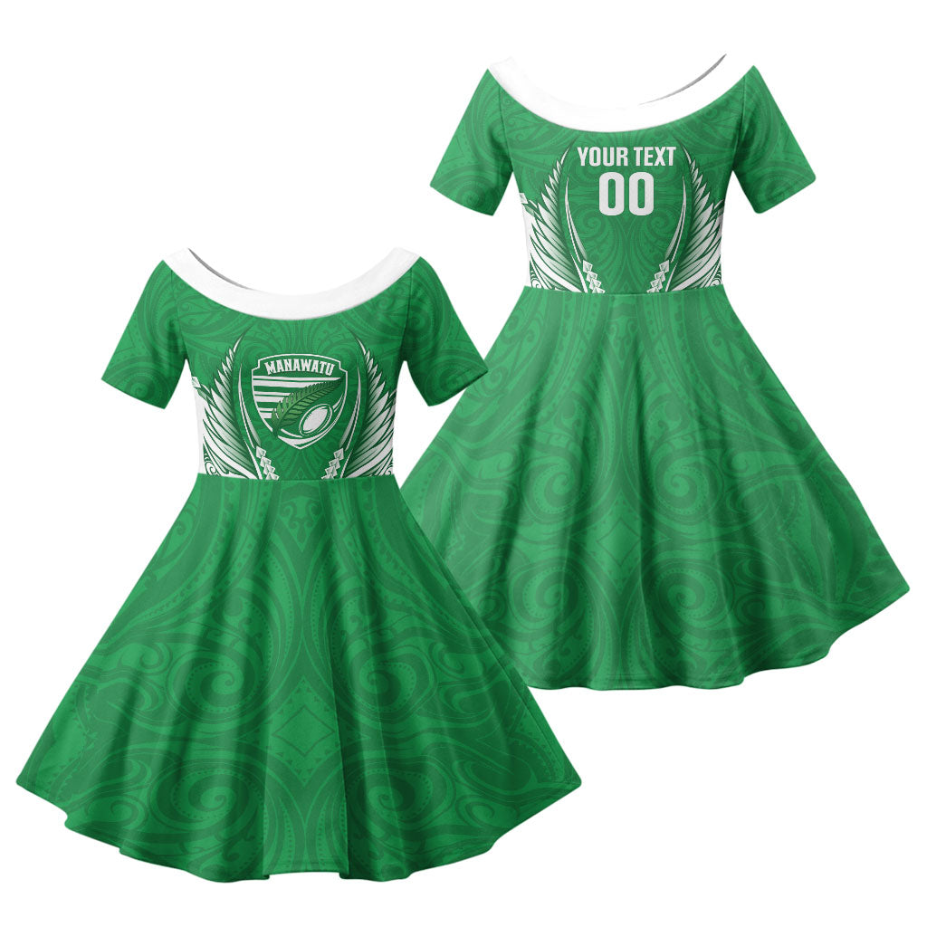 Manawatu 2026 Rugby Custom Family Matching Off Shoulder Maxi Dress and Hawaiian Shirt NZ Maori Silver Fern LT14 Daughter's Dress Green - Polynesian Pride