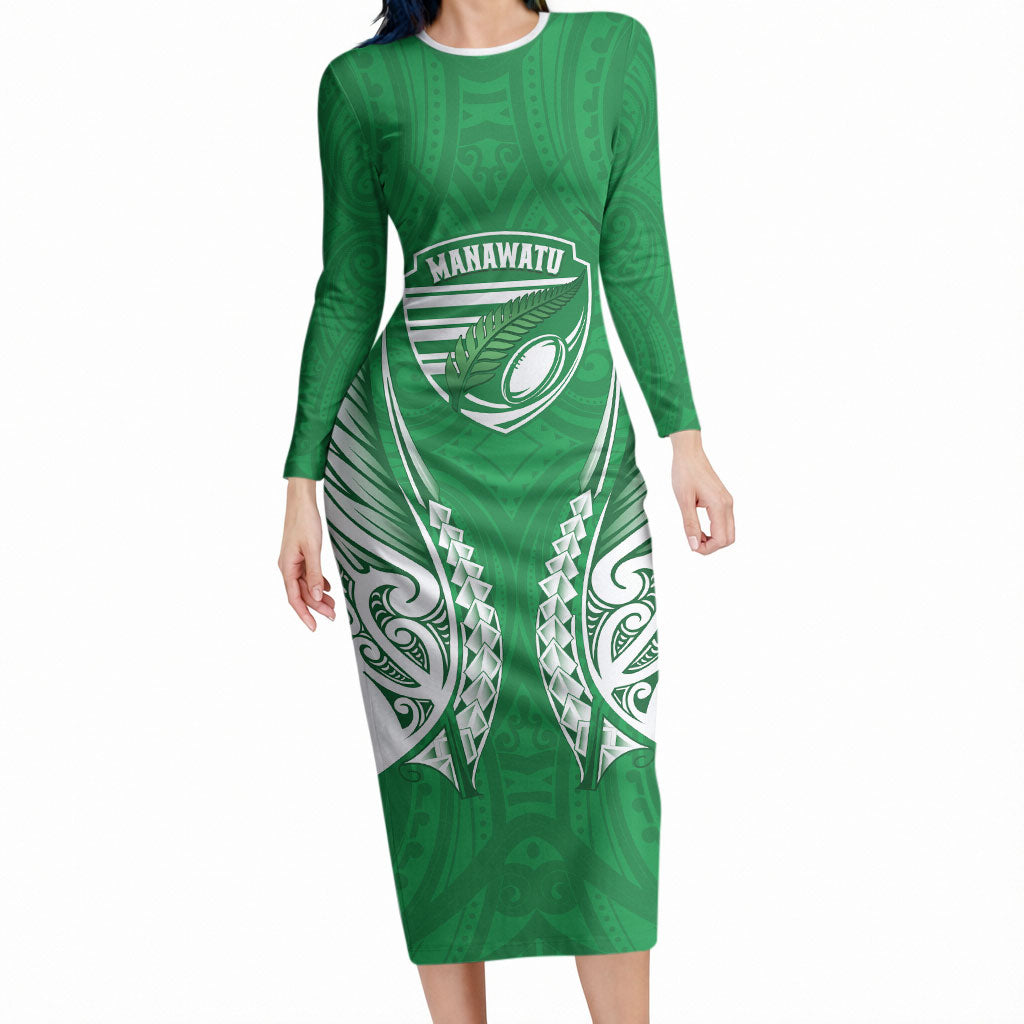 Manawatu 2026 Rugby Custom Long Sleeve Bodycon Dress NZ Maori Silver Fern LT14 Long Dress Green - Polynesian Pride
