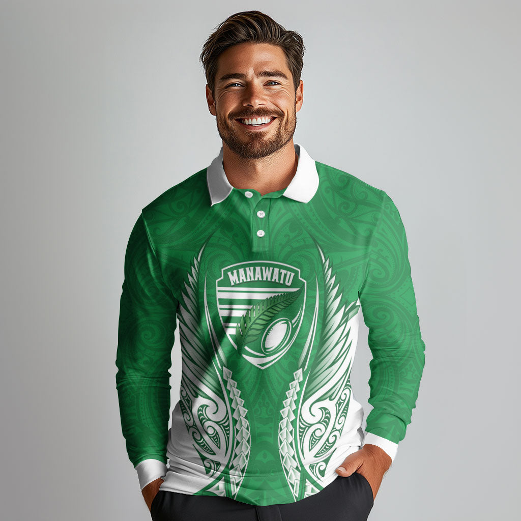 Manawatu 2026 Rugby Custom Long Sleeve Polo Shirt NZ Maori Silver Fern LT14 - Polynesian Pride