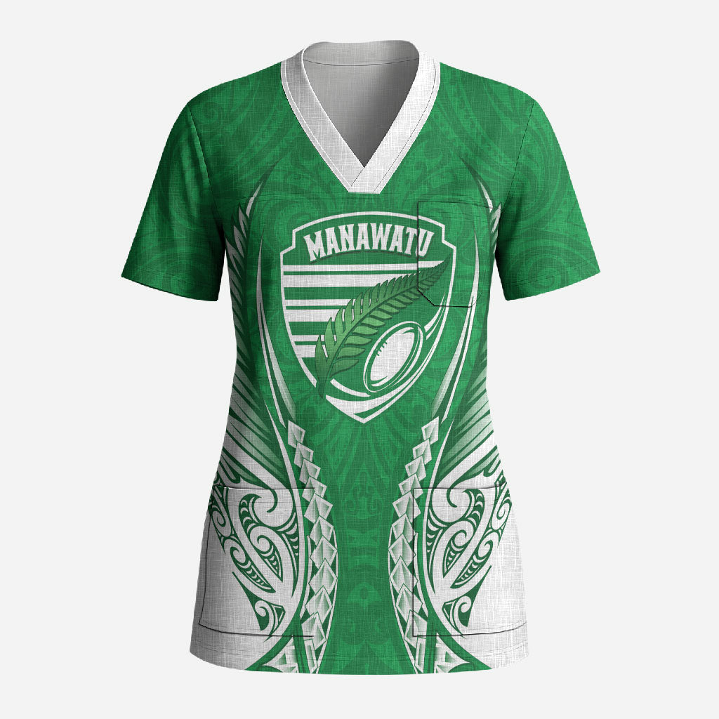 Manawatu 2026 Rugby Custom Scrub Top NZ Maori Silver Fern LT14 Adult Green - Polynesian Pride