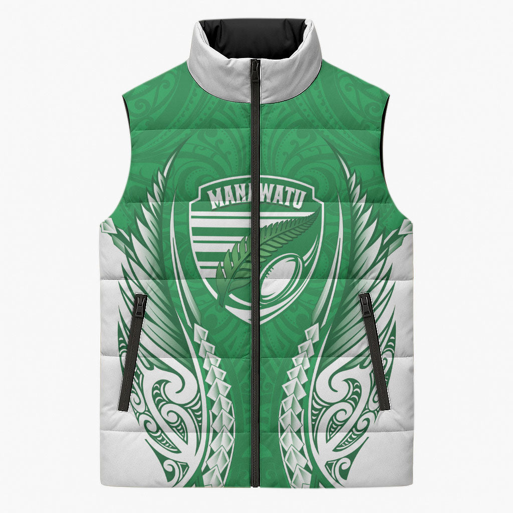 Manawatu 2026 Rugby Custom Sleeveless Puffer Jacket NZ Maori Silver Fern LT14 Unisex Green - Polynesian Pride