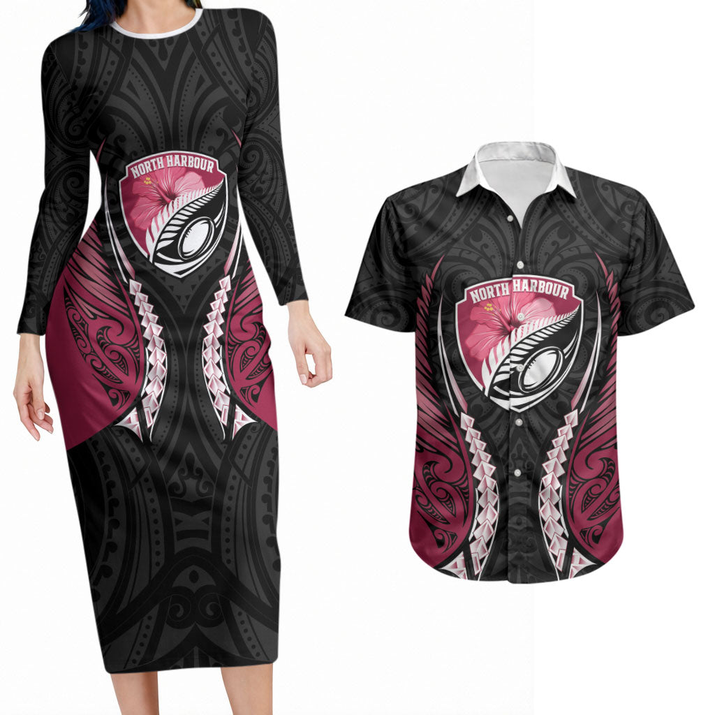 North Harbour 2026 Rugby Custom Couples Matching Long Sleeve Bodycon Dress and Hawaiian Shirt NZ Maori Silver Fern LT14 Maroon - Polynesian Pride