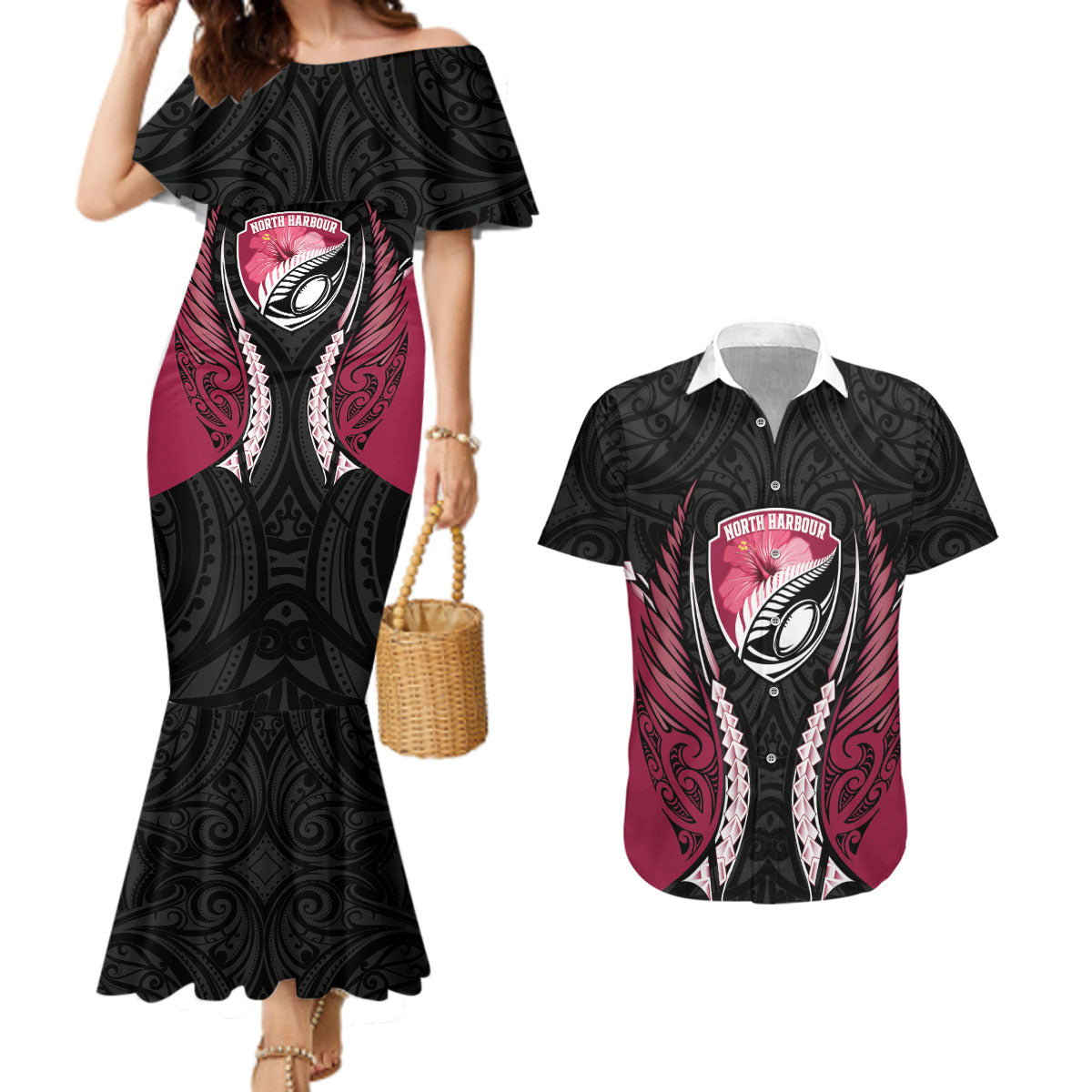 North Harbour 2026 Rugby Custom Couples Matching Mermaid Dress and Hawaiian Shirt NZ Maori Silver Fern