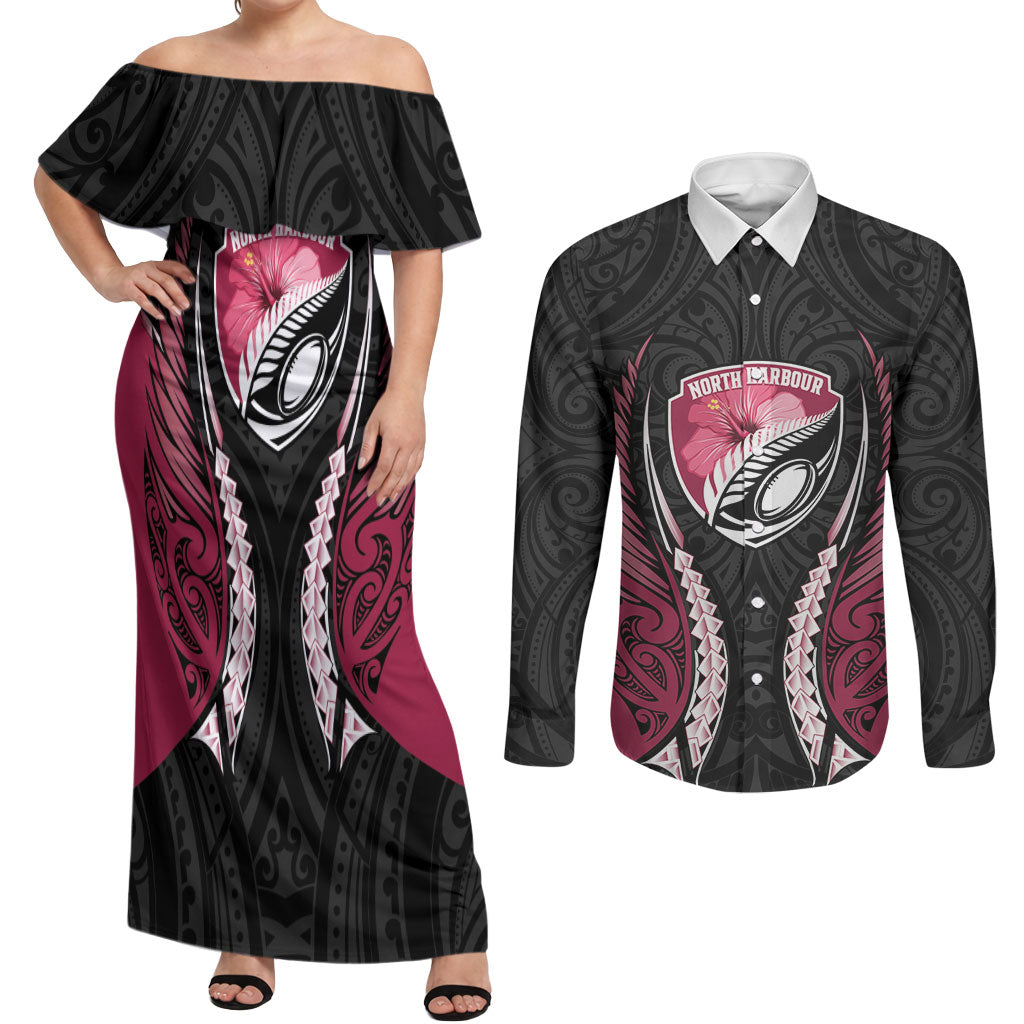 North Harbour 2026 Rugby Custom Couples Matching Off Shoulder Maxi Dress and Long Sleeve Button Shirt NZ Maori Silver Fern LT14 Maroon - Polynesian Pride