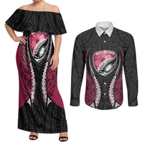 North Harbour 2026 Rugby Custom Couples Matching Off Shoulder Maxi Dress and Long Sleeve Button Shirt NZ Maori Silver Fern LT14 Maroon - Polynesian Pride