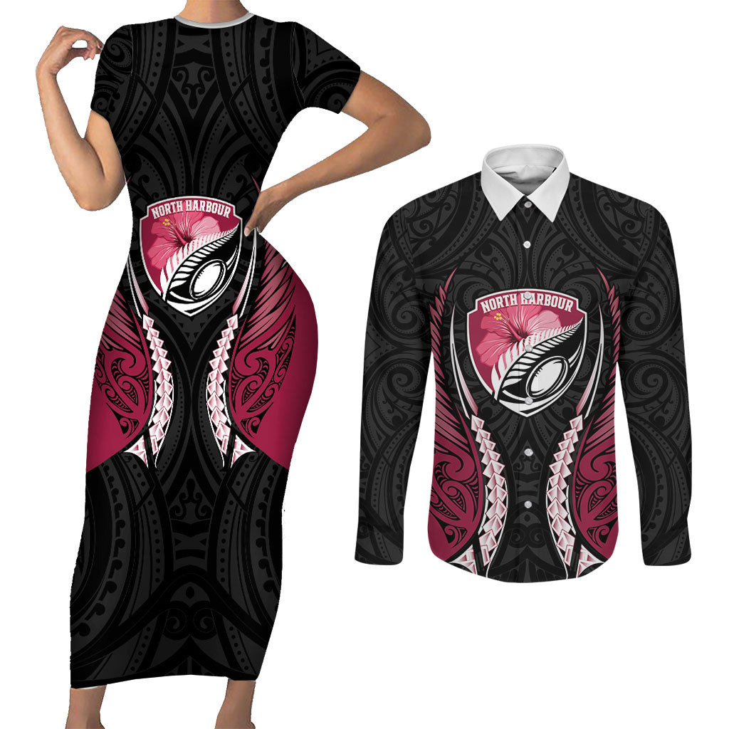 North Harbour 2026 Rugby Custom Couples Matching Short Sleeve Bodycon Dress and Long Sleeve Button Shirt NZ Maori Silver Fern LT14 Maroon - Polynesian Pride
