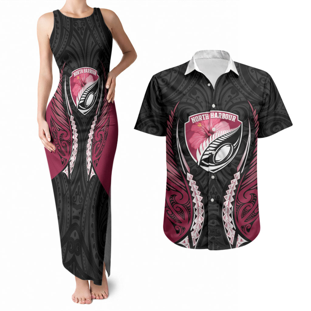 North Harbour 2026 Rugby Custom Couples Matching Tank Maxi Dress and Hawaiian Shirt NZ Maori Silver Fern LT14 Maroon - Polynesian Pride