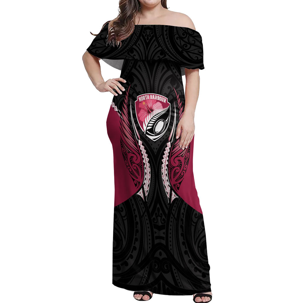 North Harbour 2026 Rugby Custom Off Shoulder Maxi Dress NZ Maori Silver Fern LT14 Women Maroon - Polynesian Pride