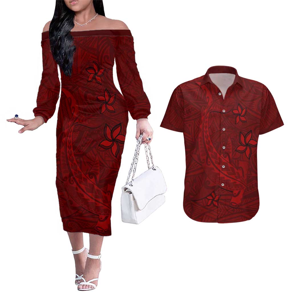 Oxblood Polynesia Couples Matching Off The Shoulder Long Sleeve Dress and Hawaiian Shirt Hawaiian Tribal Hammerhead Shark Tattoo