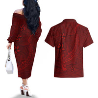 Oxblood Polynesia Couples Matching Off The Shoulder Long Sleeve Dress and Hawaiian Shirt Hawaiian Tribal Hammerhead Shark Tattoo