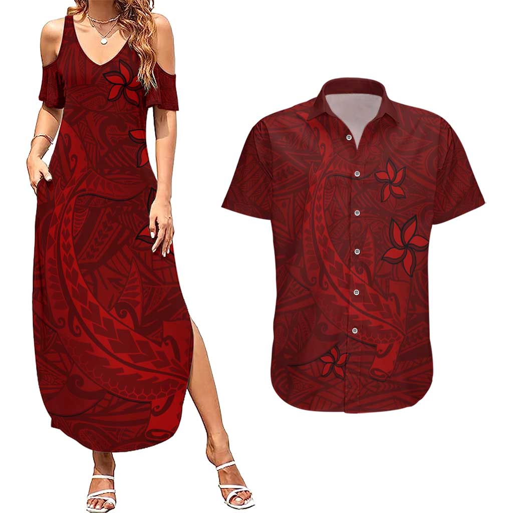 Oxblood Polynesia Couples Matching Summer Maxi Dress and Hawaiian Shirt Hawaiian Tribal Hammerhead Shark Tattoo
