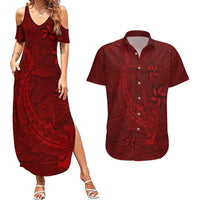 Oxblood Polynesia Couples Matching Summer Maxi Dress and Hawaiian Shirt Hawaiian Tribal Hammerhead Shark Tattoo