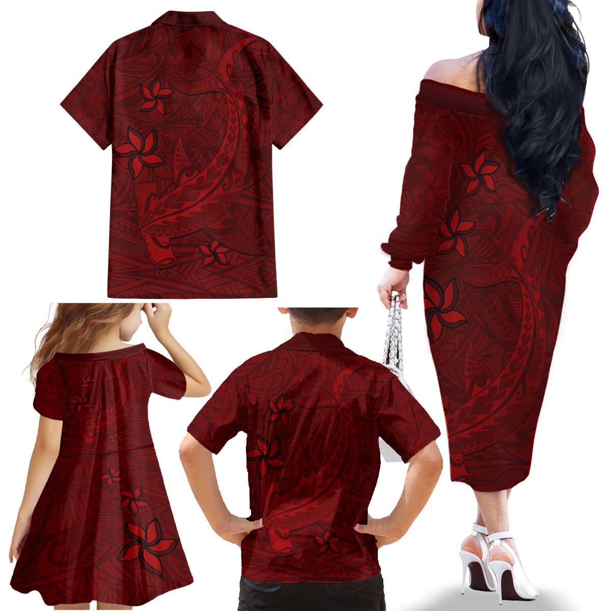 Oxblood Polynesia Family Matching Off The Shoulder Long Sleeve Dress and Hawaiian Shirt Hawaiian Tribal Hammerhead Shark Tattoo