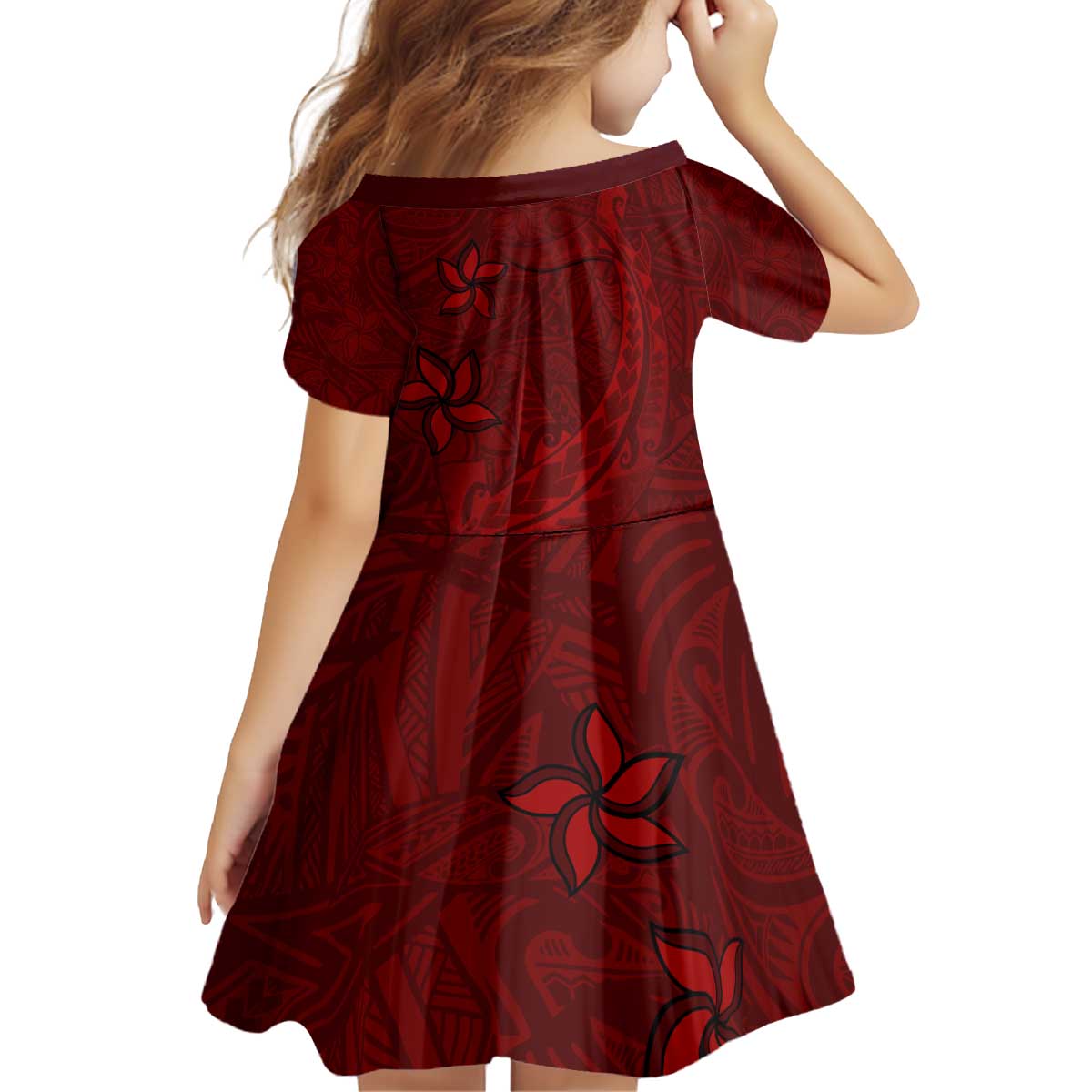 Oxblood Polynesia Kid Short Sleeve Dress Hawaiian Tribal Hammerhead Shark Tattoo