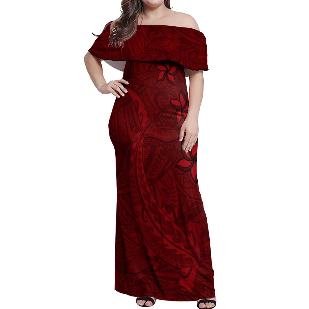Oxblood Polynesia Off Shoulder Maxi Dress Hawaiian Tribal Hammerhead Shark Tattoo