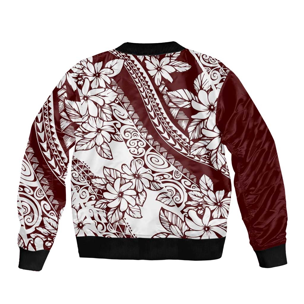 Polynesian Tropical Flowers Oxblood Color Bomber Jacket