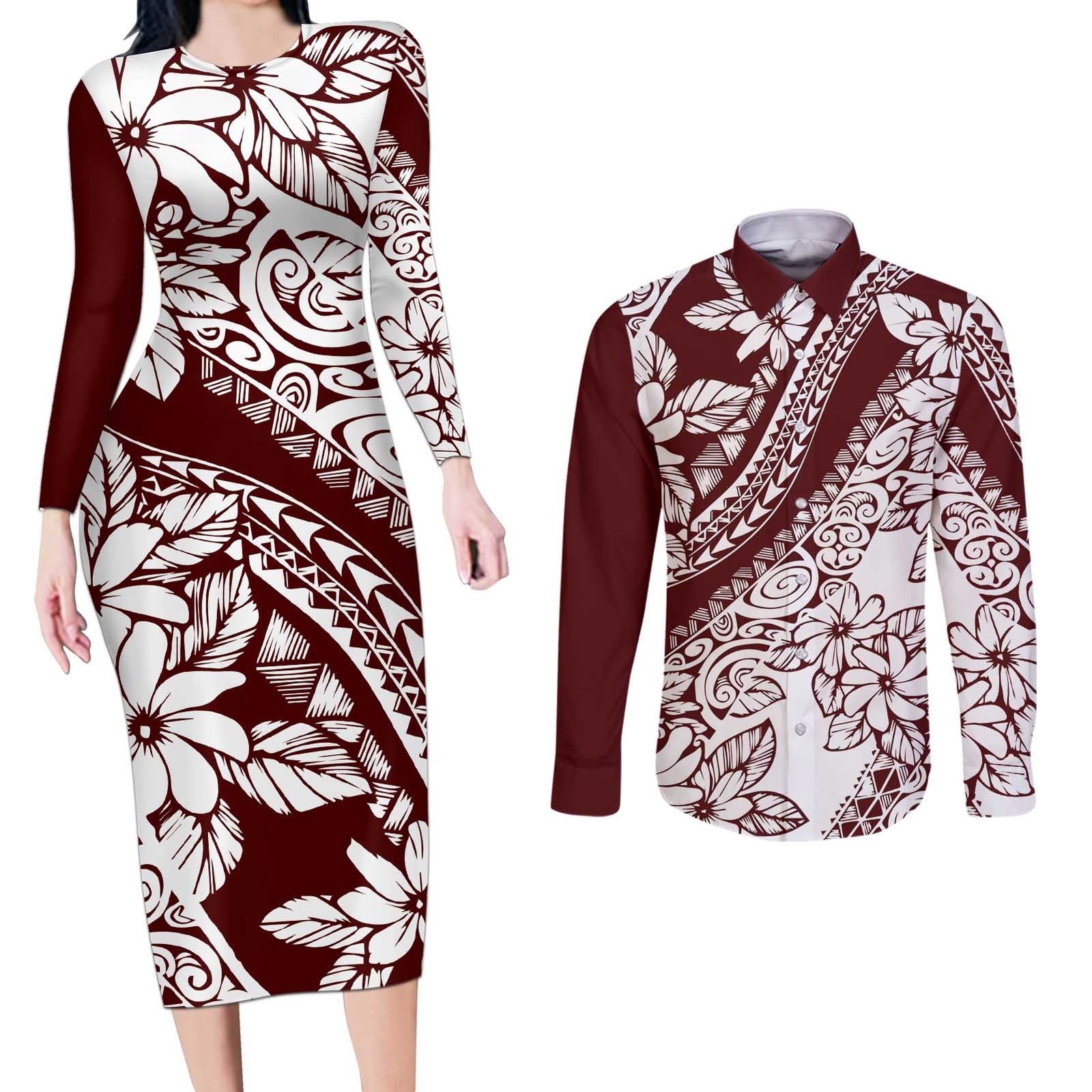 Polynesian Tropical Flowers Oxblood Color Couples Matching Long Sleeve Bodycon Dress and Long Sleeve Button Shirt