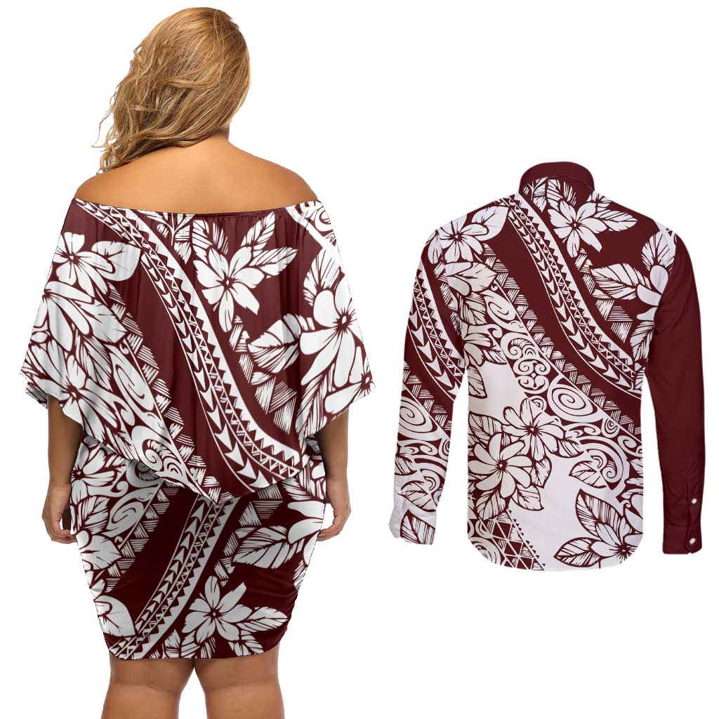 Polynesian Tropical Flowers Oxblood Color Couples Matching Off Shoulder Short Dress and Long Sleeve Button Shirt