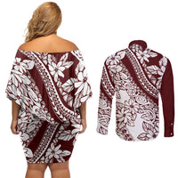Polynesian Tropical Flowers Oxblood Color Couples Matching Off Shoulder Short Dress and Long Sleeve Button Shirt