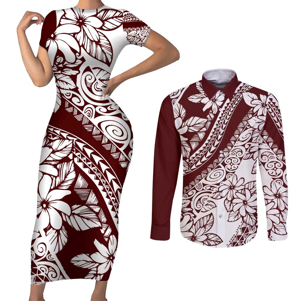 Polynesian Tropical Flowers Oxblood Color Couples Matching Short Sleeve Bodycon Dress and Long Sleeve Button Shirt