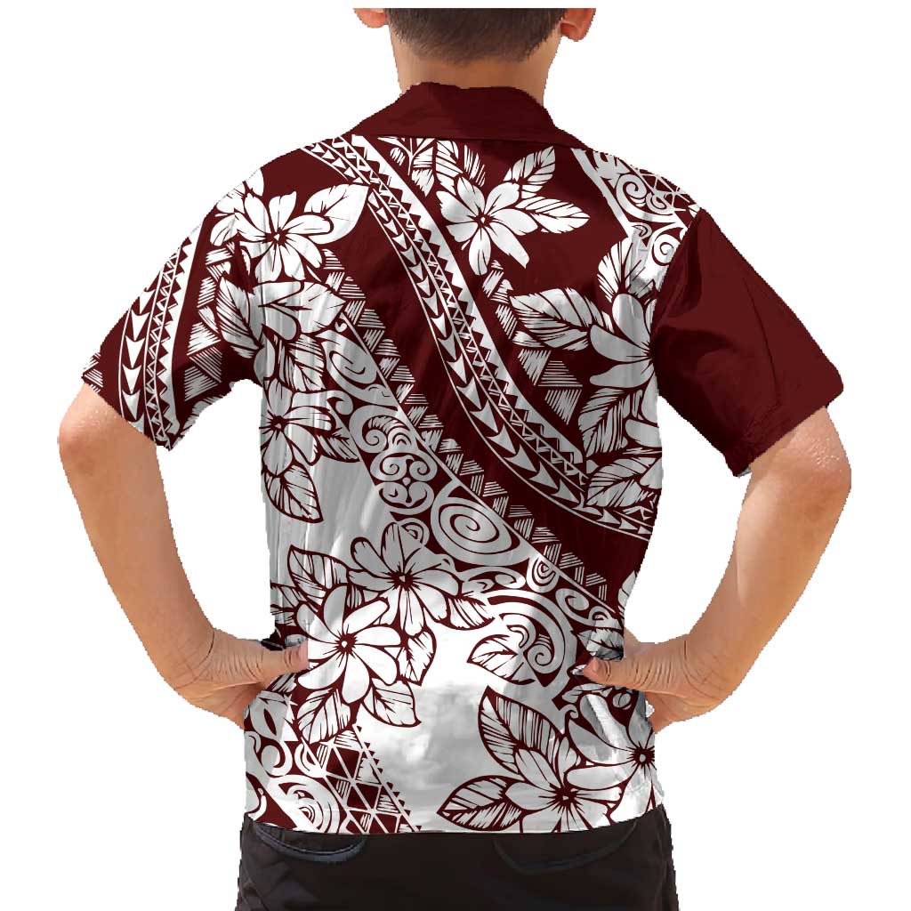 Polynesian Tropical Flowers Oxblood Color Family Matching Mermaid Dress and Hawaiian Shirt