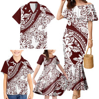 Polynesian Tropical Flowers Oxblood Color Family Matching Mermaid Dress and Hawaiian Shirt