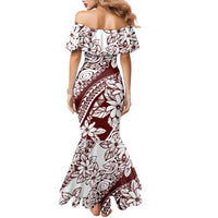 Polynesian Tropical Flowers Oxblood Color Family Matching Mermaid Dress and Hawaiian Shirt