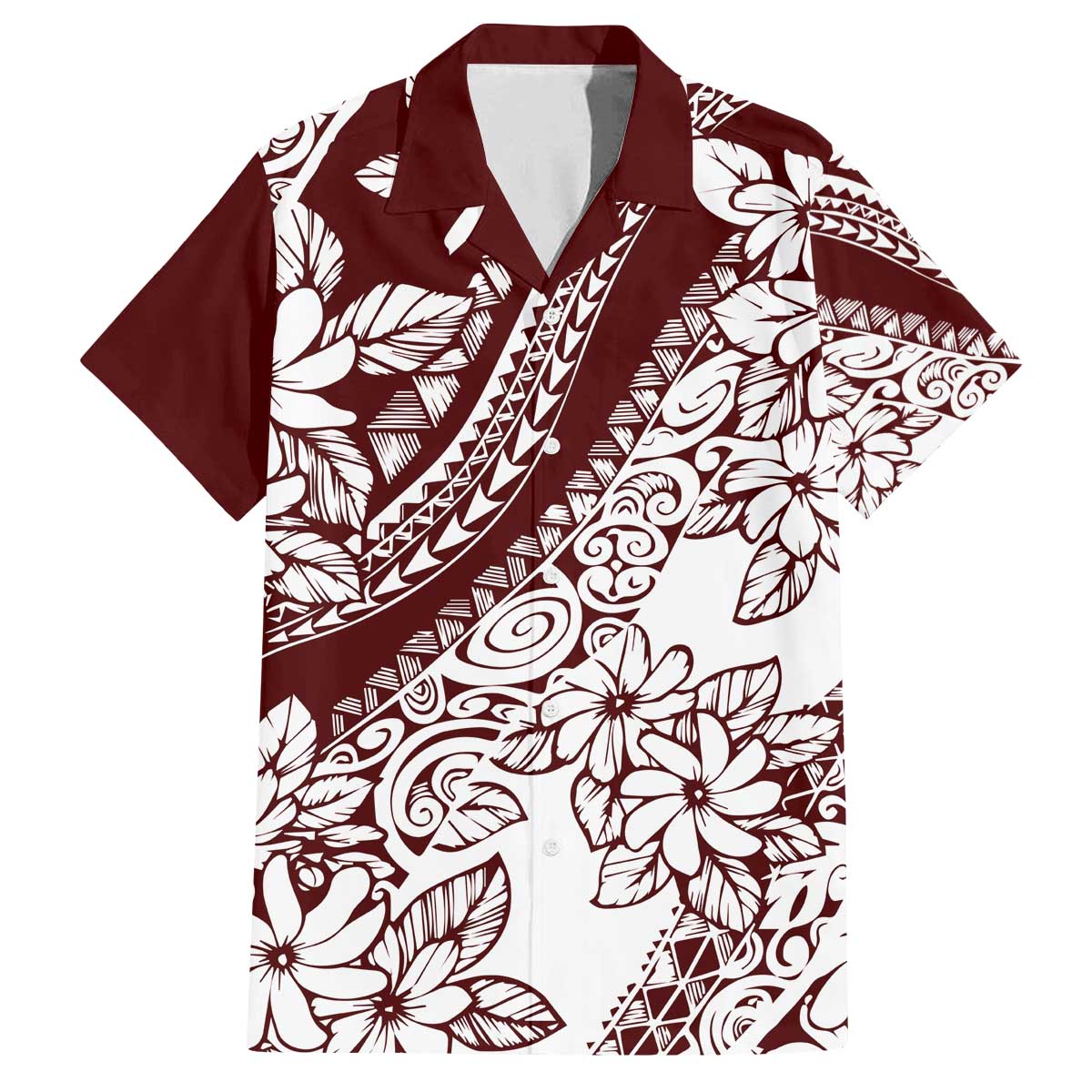 Polynesian Tropical Flowers Oxblood Color Family Matching Off The Shoulder Long Sleeve Dress and Hawaiian Shirt