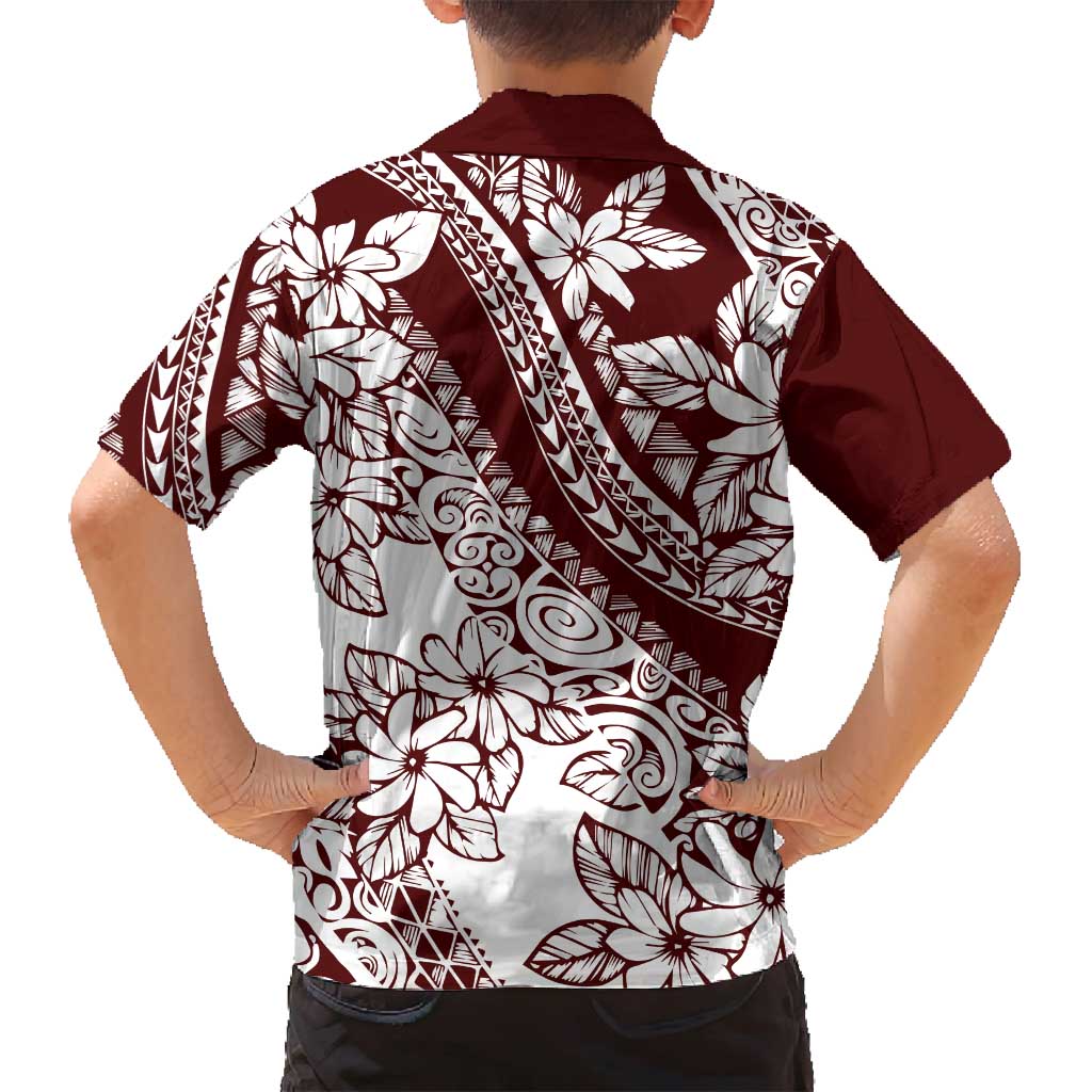 Polynesian Tropical Flowers Oxblood Color Family Matching Tank Maxi Dress and Hawaiian Shirt
