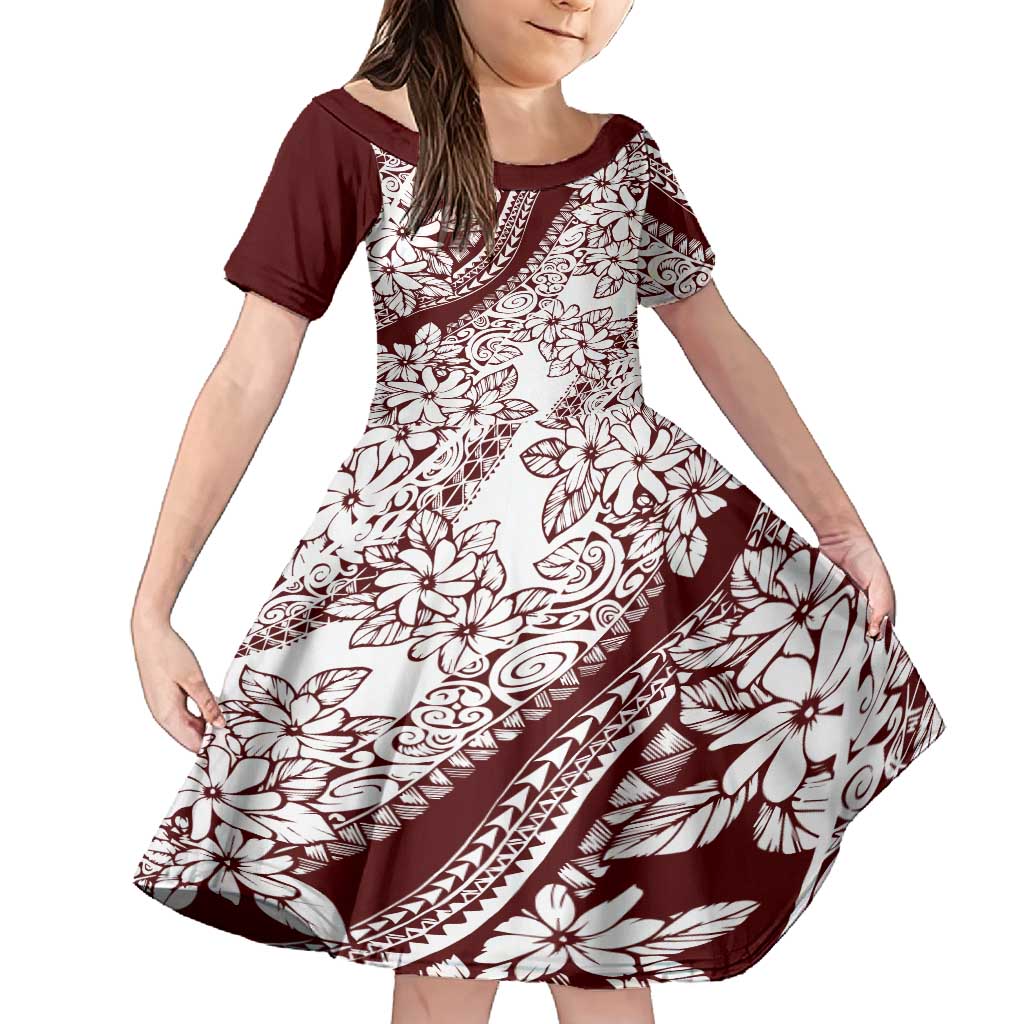 Polynesian Tropical Flowers Oxblood Color Family Matching Tank Maxi Dress and Hawaiian Shirt